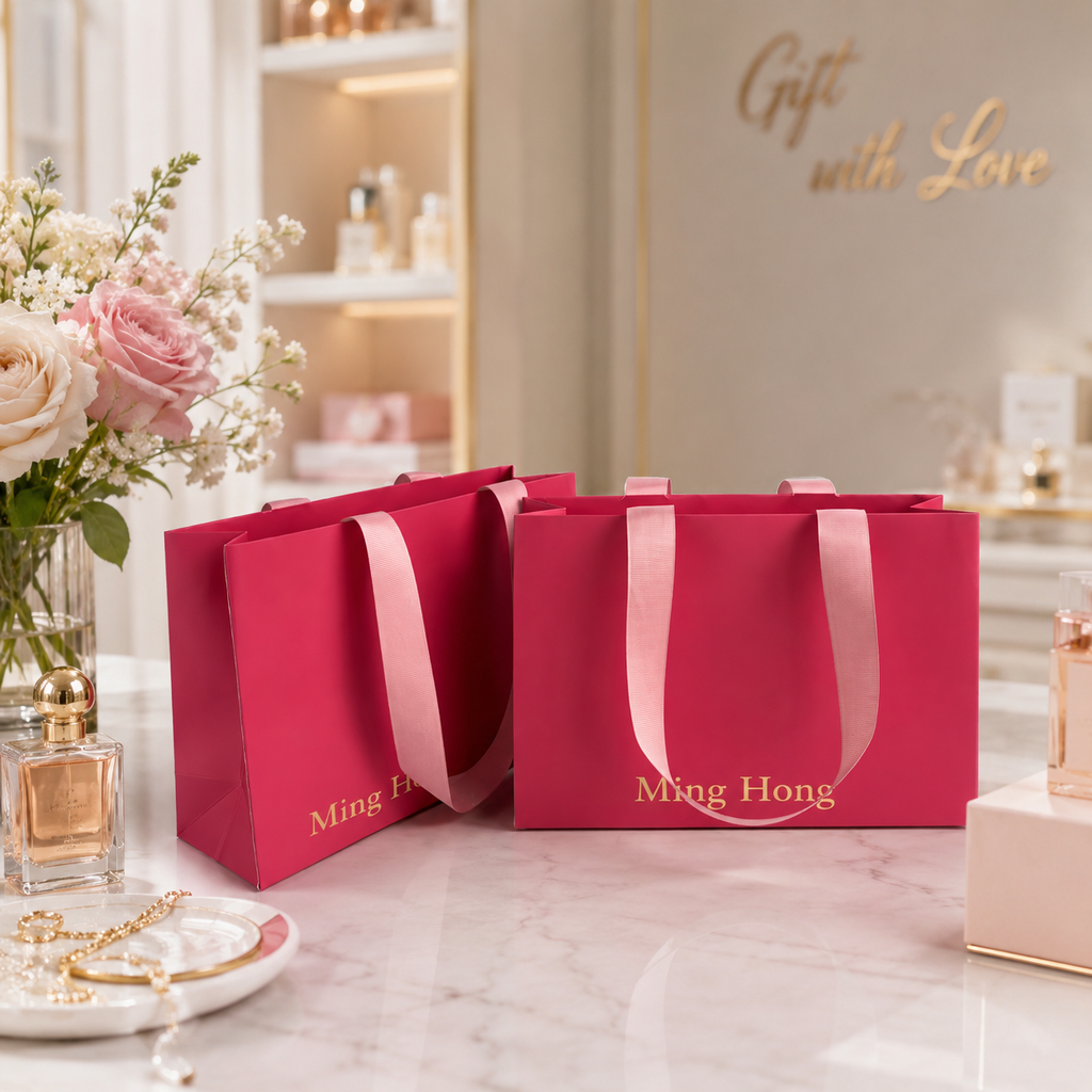 Rose Pink 250GSM C1S Paper Gift Bags with Concealed Ribbon Handles