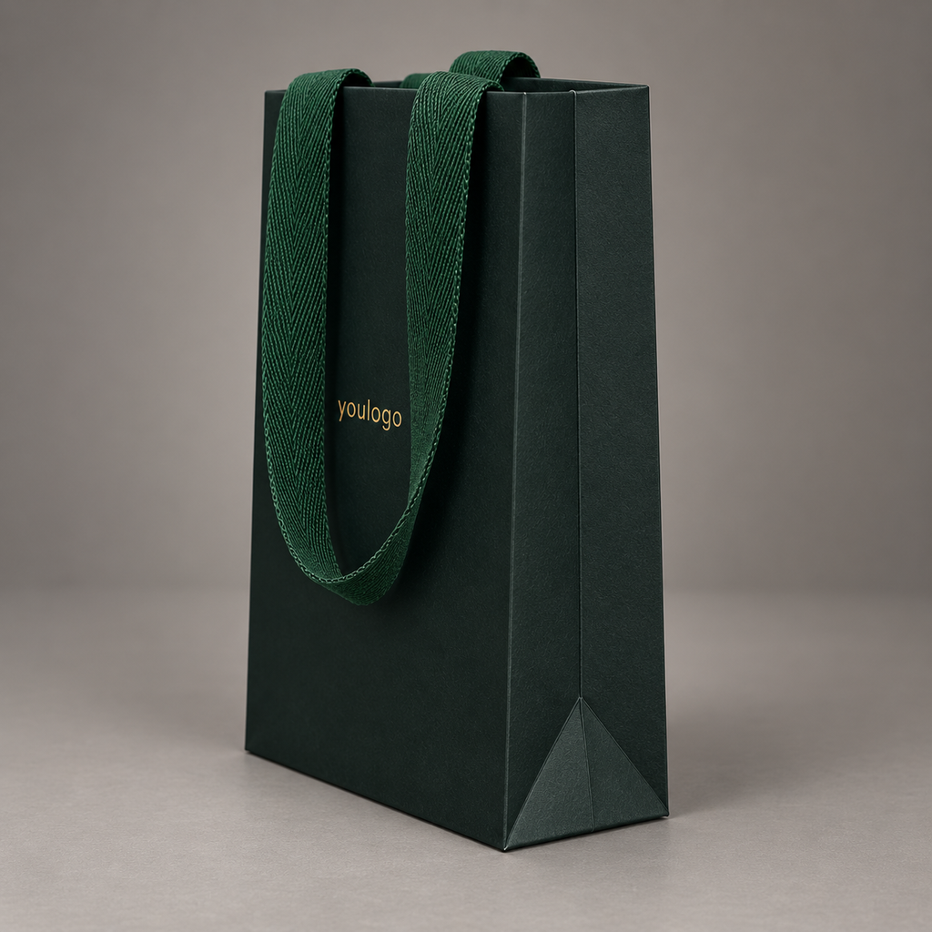 Custom 350gsm Dark Green Specialty Paper Bags with Gold Foil Logo & Wide Woven Handles