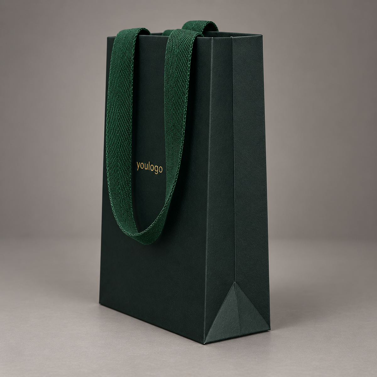 Custom 350gsm Dark Green Specialty Paper Bags with Gold Foil Logo & Wide Woven Handles