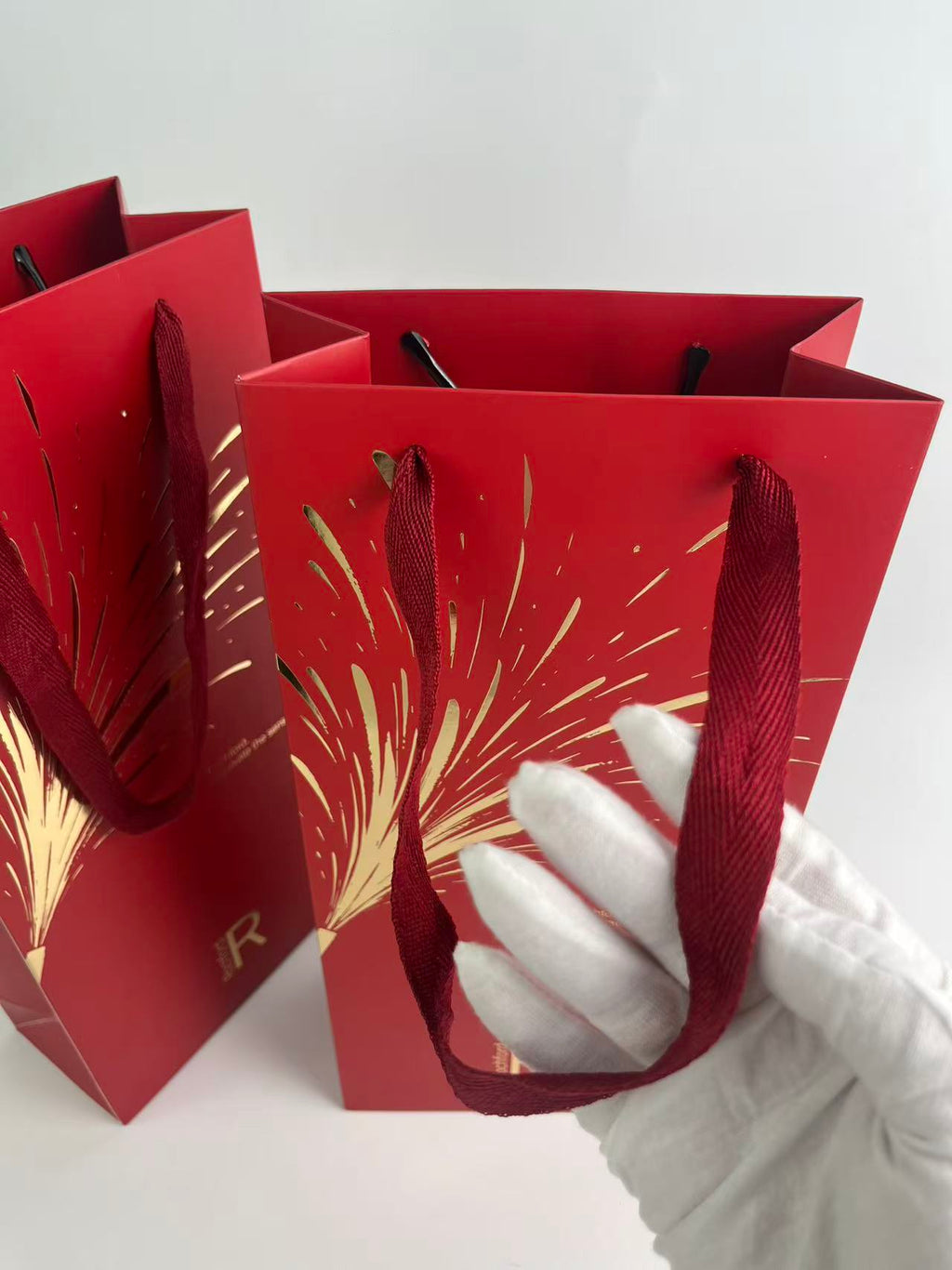 Custom Burgundy Wine Gift Bags with Gold Foil & Ribbon Handles for Weddings & Parties