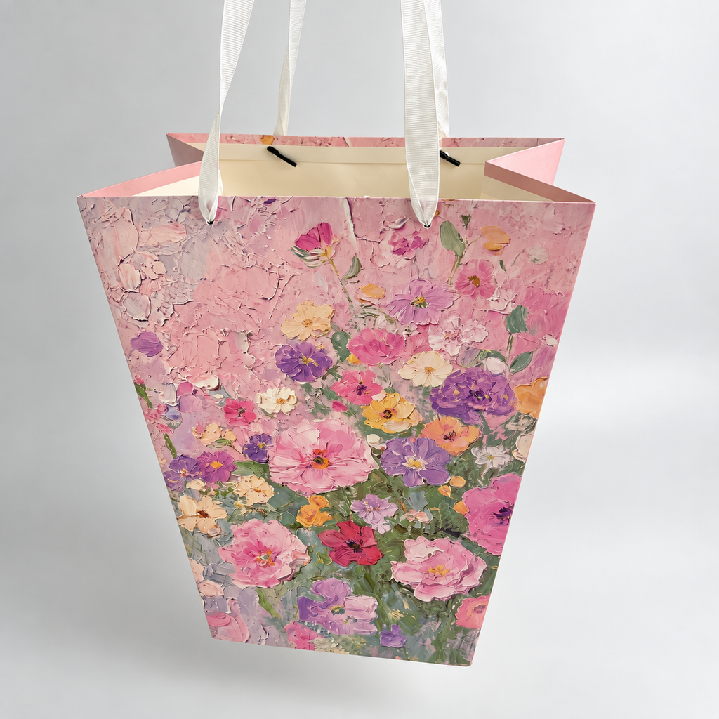 Custom Floral Paper Gift Bags with White Ribbon Handles