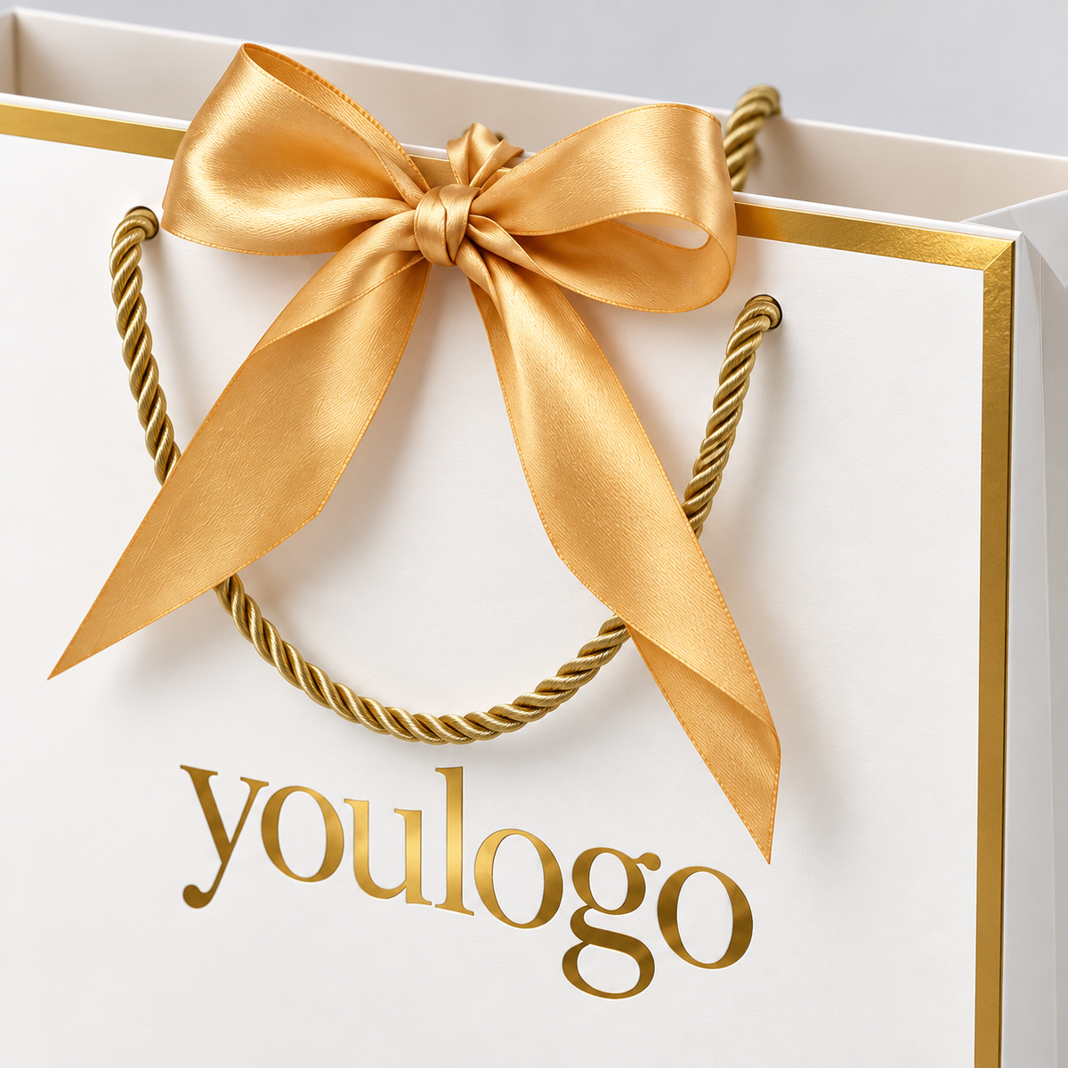 Custom Luxury White Paper Gift Bags with Gold Foil Logo & Satin Ribbon Bow