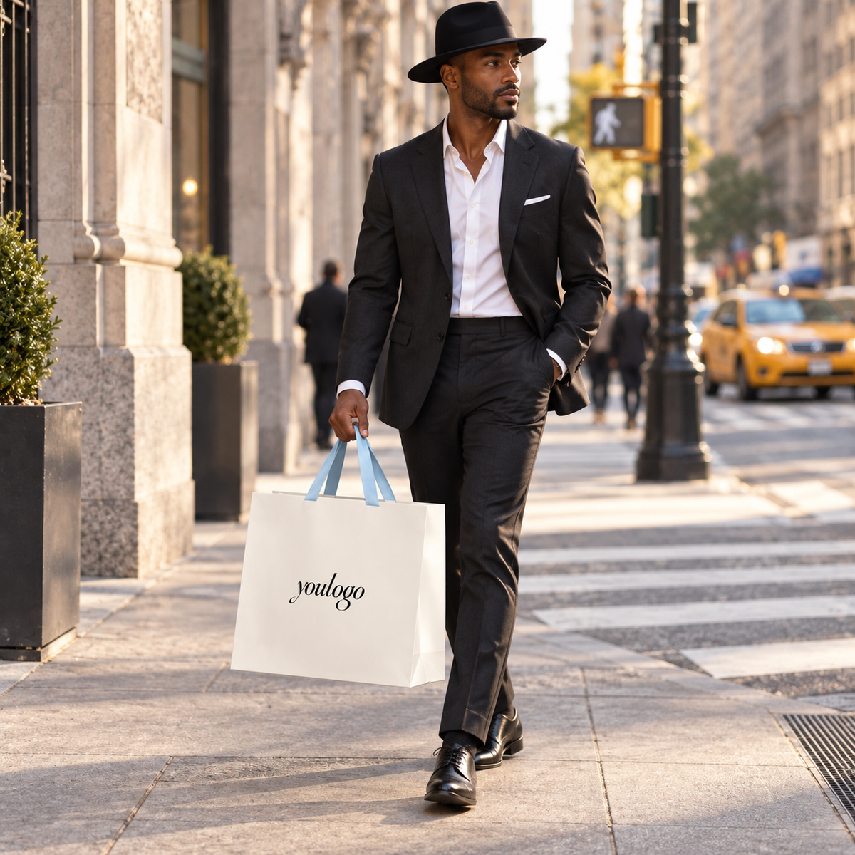 Custom 250gsm White Paper Shopping Bags with Concealed Blue Satin Ribbon Handles