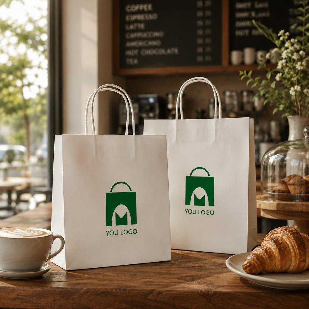 Custom White Paper Takeaway Bags for Coffee Shops & Bakeries