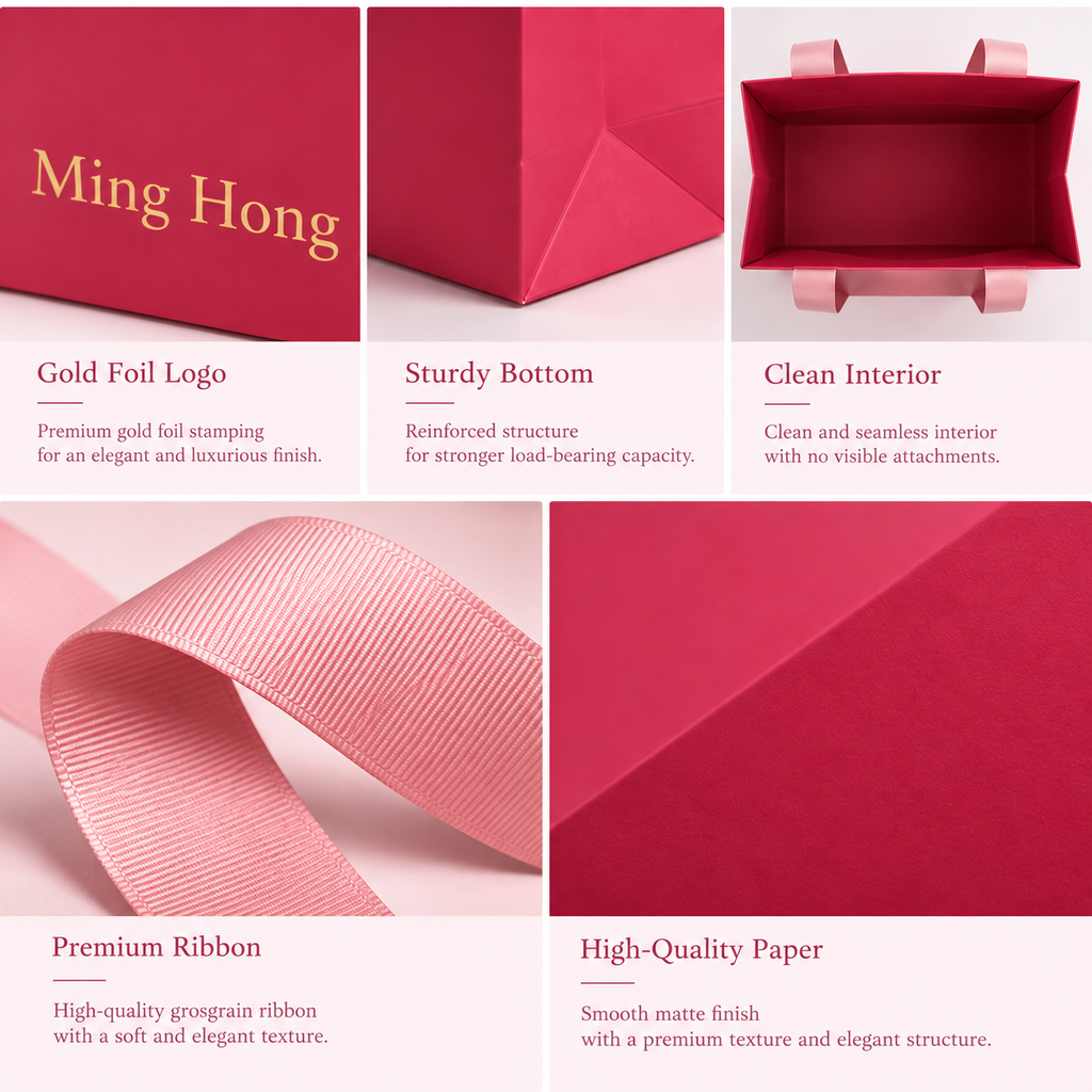 Rose Pink 250GSM C1S Paper Gift Bags with Concealed Ribbon Handles