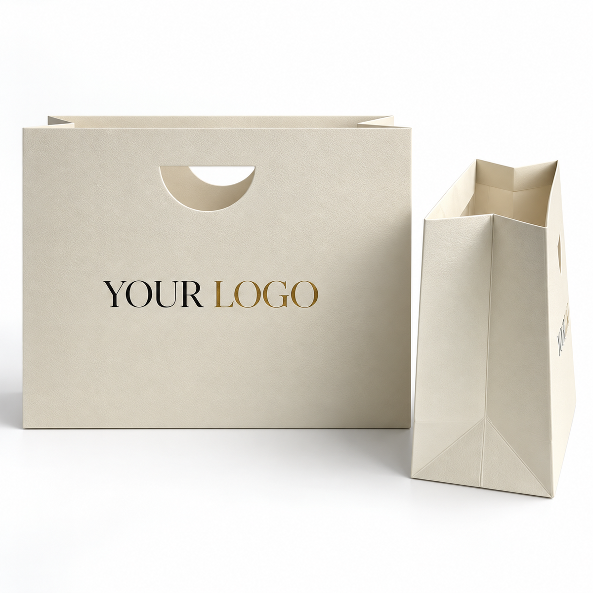 Custom Ivory Textured Paper Shopping Bags | Die-Cut Handles | Luxury Jewelry & Retail Packaging
