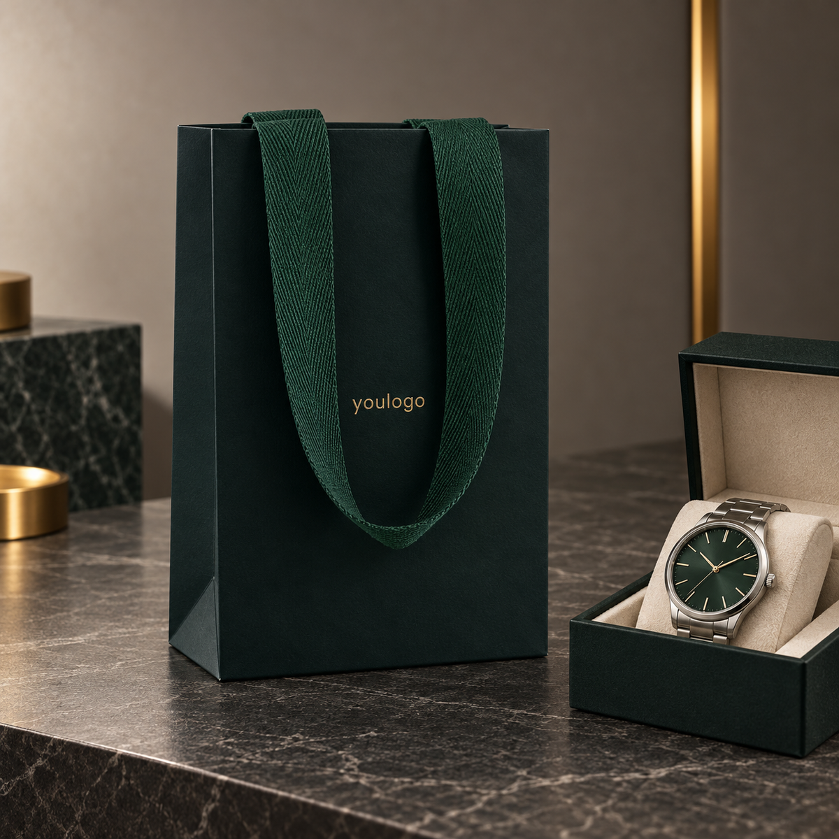 Custom 350gsm Dark Green Specialty Paper Bags with Gold Foil Logo & Wide Woven Handles