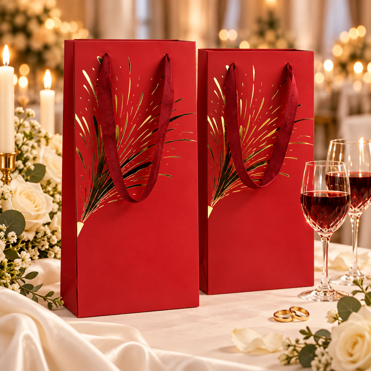 Custom Burgundy Wine Gift Bags with Gold Foil & Ribbon Handles for Weddings & Parties
