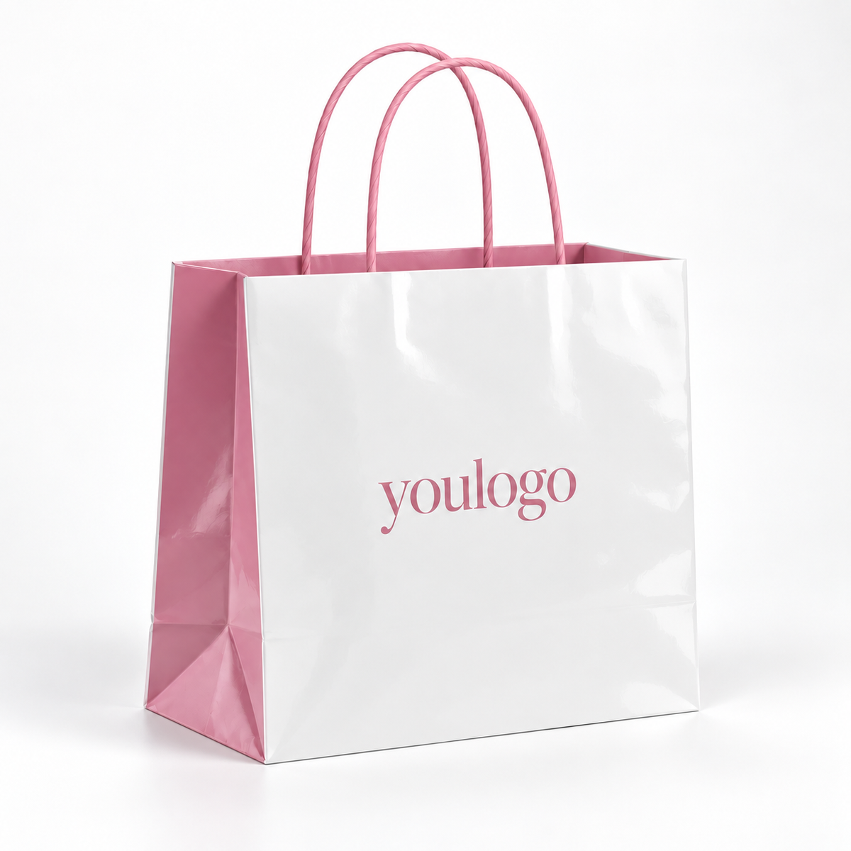 Custom White & Pink 350gsm Specialty Paper Shopping Bags with Pasted Twisted Handles