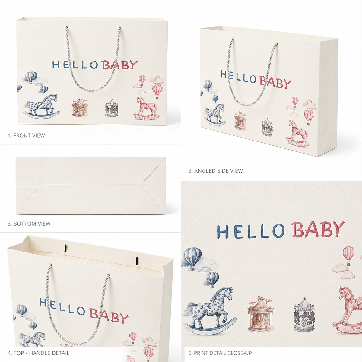 Vintage Illustrated Baby Gift Bags with Rope Handles | Custom Paper Packaging for Baby Boutiques
