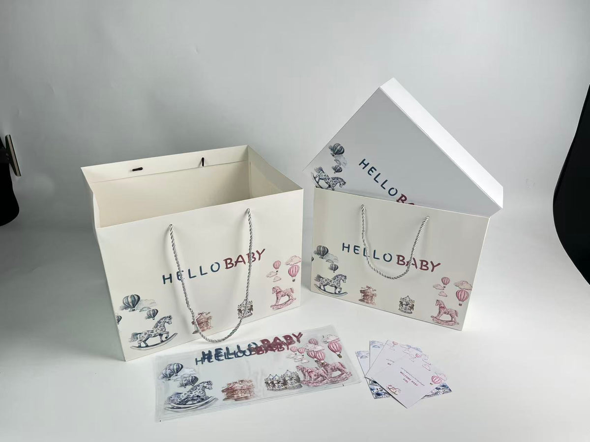 Vintage Illustrated Baby Gift Bags with Rope Handles | Custom Paper Packaging for Baby Boutiques