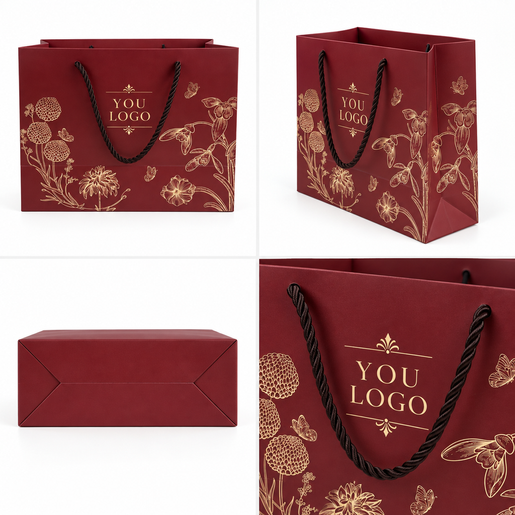 Custom Burgundy Luxury Paper Gift Bags with Rope Handles & Gold Foil Logo