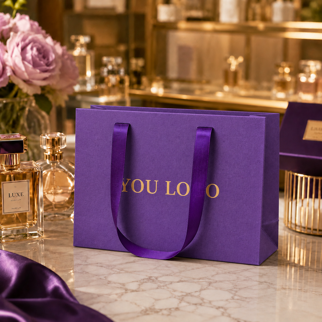 Royal Purple Textured Paper Bags with Wide Satin Handles for Perfume & Luxury Beauty Packaging