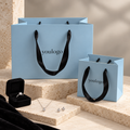 Custom Powder Blue Paper Shopping Bags | Black Satin Ribbon Handles | Jewelry & Luxury Retail