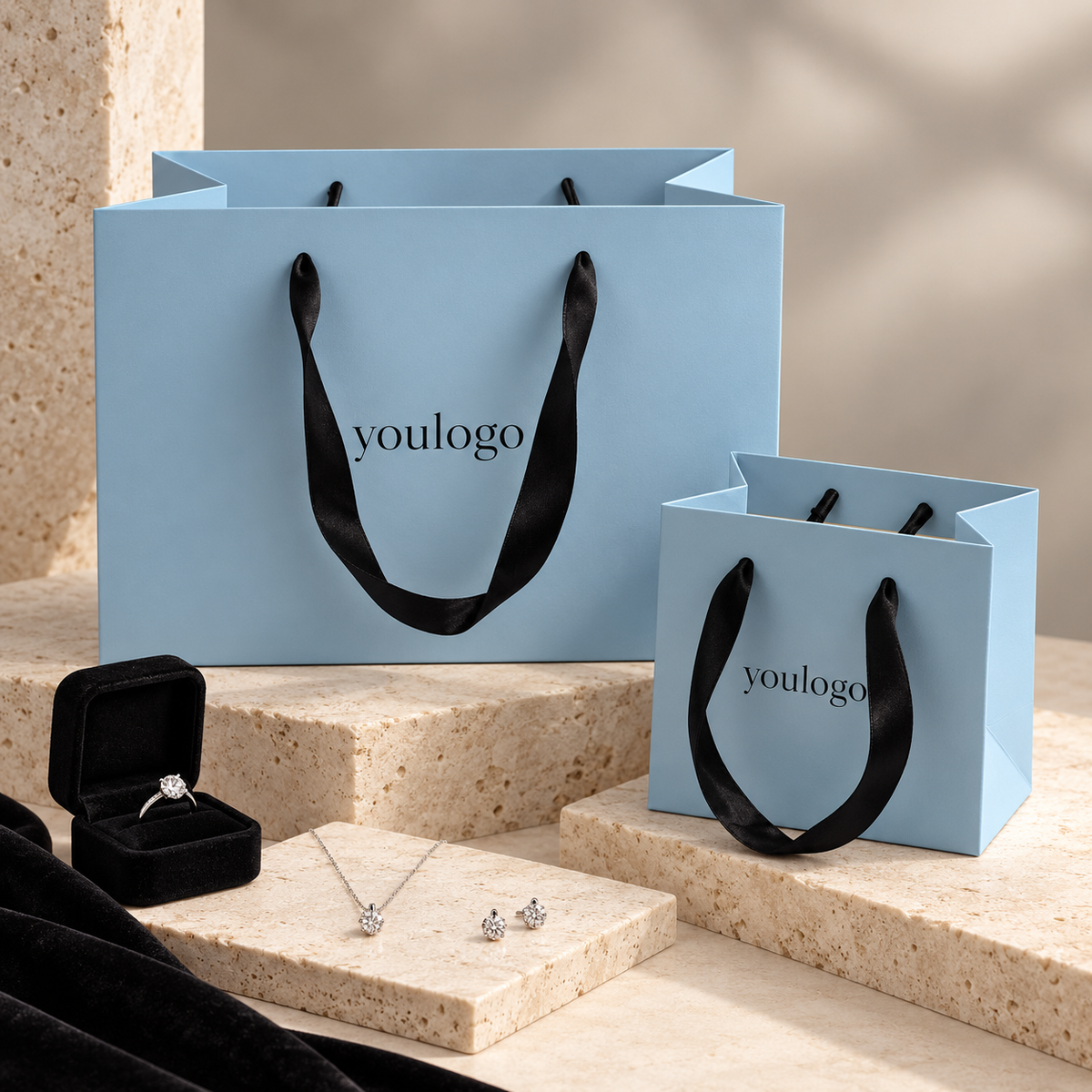 Custom Powder Blue Paper Shopping Bags | Black Satin Ribbon Handles | Jewelry & Luxury Retail