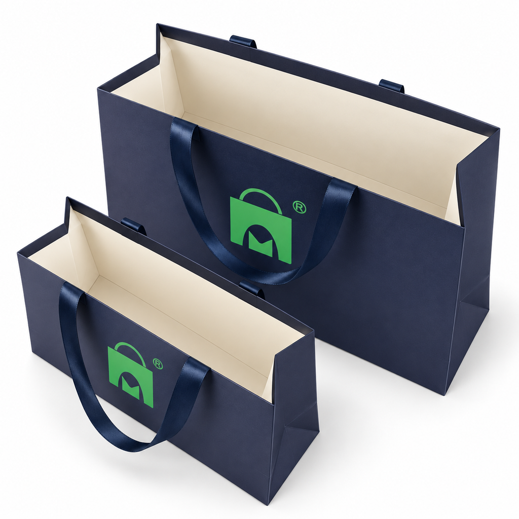 Custom Navy Blue Paper Shopping Bags | Ivory Interior & Satin Ribbon Handles | Luxury Retail Packaging