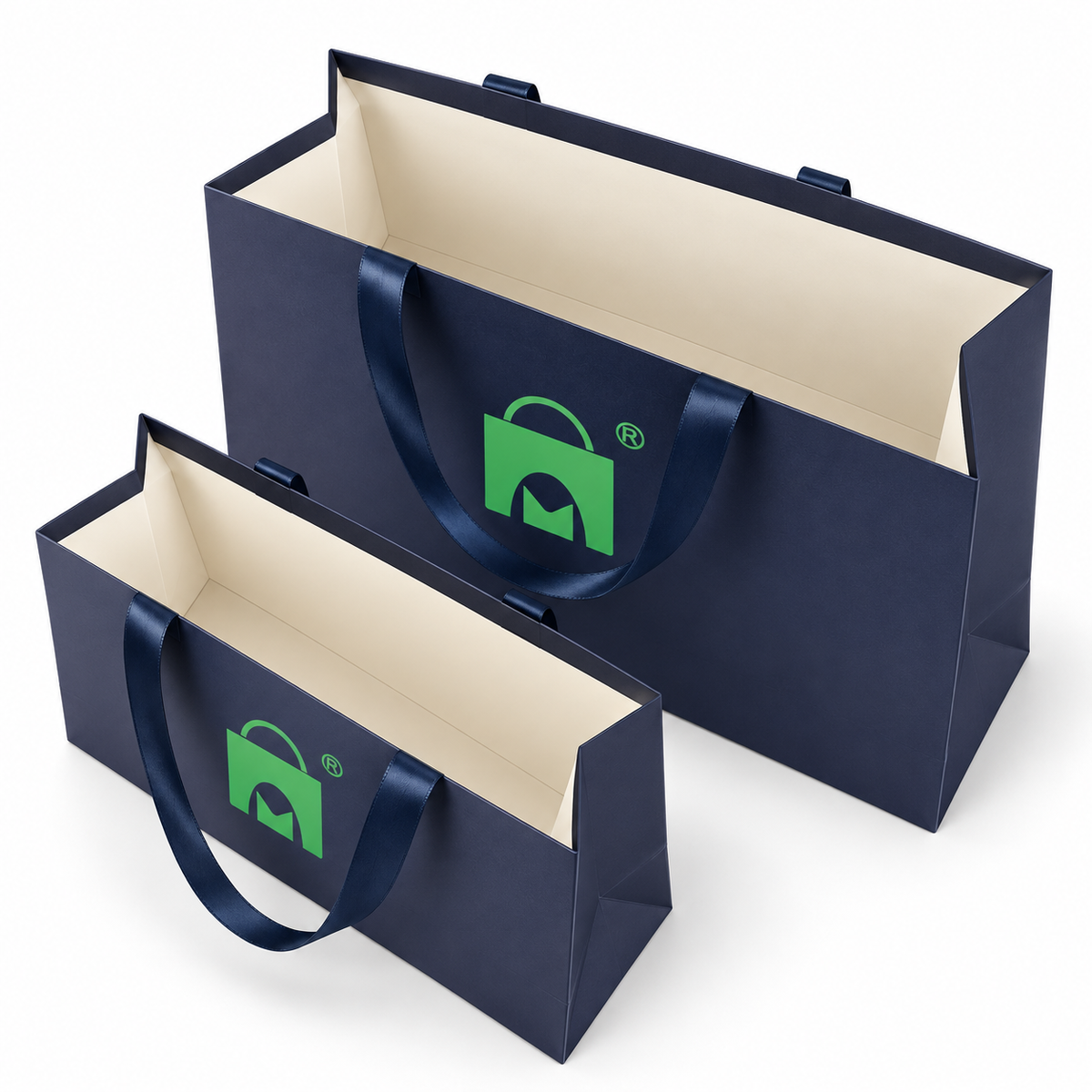 Custom Navy Blue Paper Shopping Bags | Ivory Interior & Satin Ribbon Handles | Luxury Retail Packaging