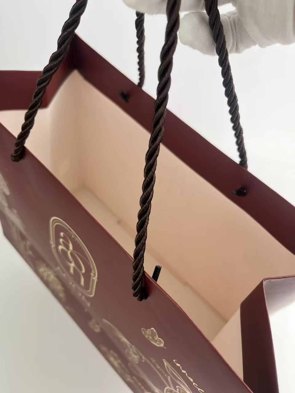 Custom Burgundy Luxury Paper Gift Bags with Rope Handles & Gold Foil Logo