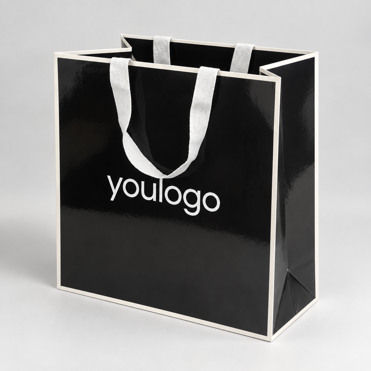 Custom Black Glossy Paper Shopping Bags with Wide Woven Handles