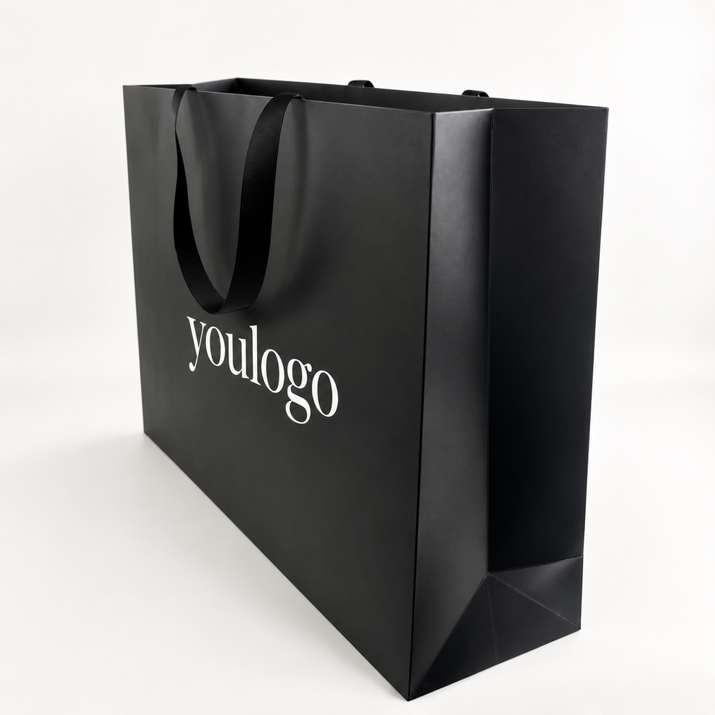 Custom Luxury Black Paper Shopping Bags with Satin Ribbon Handles for Apparel Brands