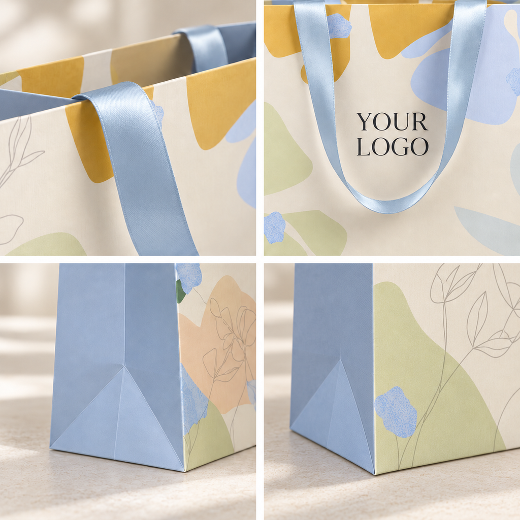 Custom Printed Paper Bags with Embedded Satin Ribbon Handles for Fashion, Beauty & Gift Retail | Low MOQ