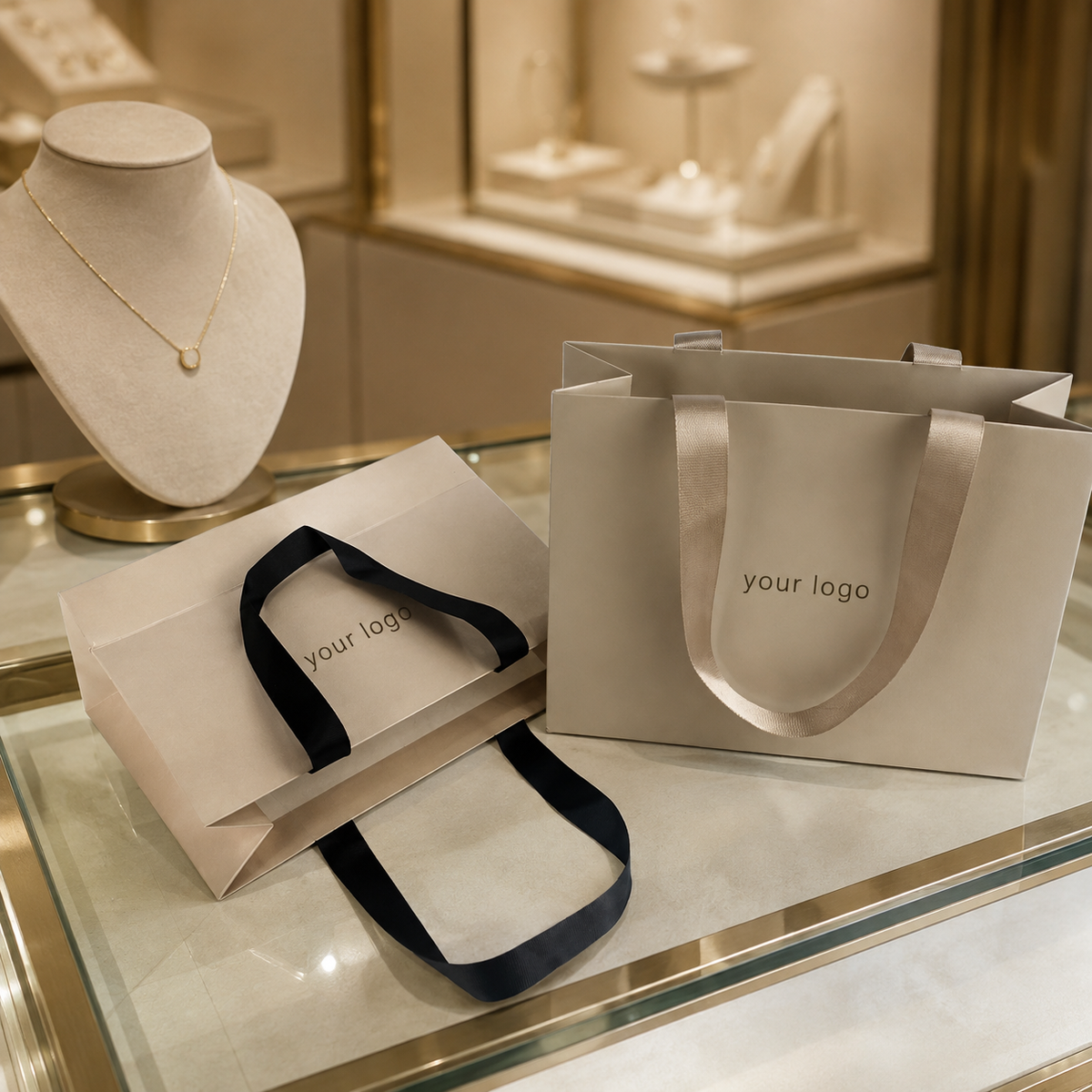 Champagne Gold Custom Luxury Jewelry Paper Bags with Hidden Embedded Satin Ribbon Handles