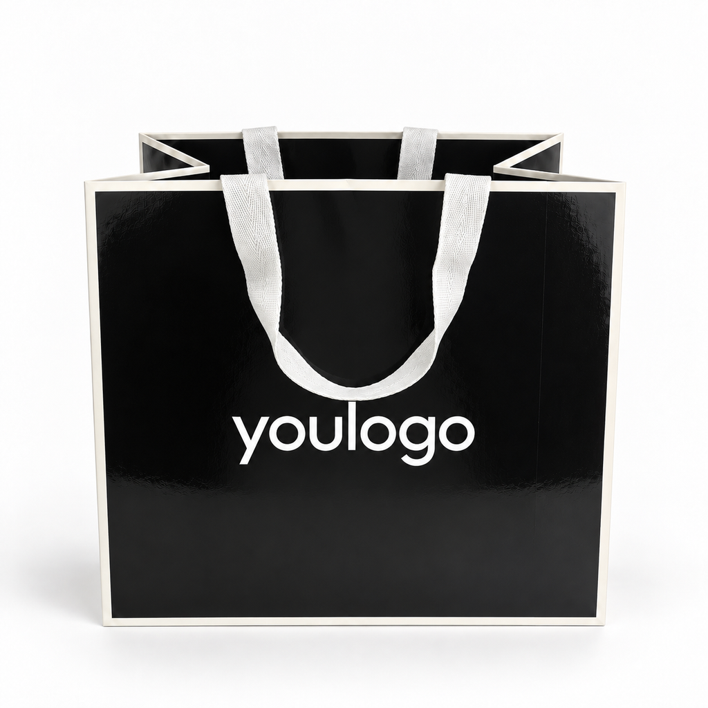 Custom Black Glossy Paper Shopping Bags with Wide Woven Handles