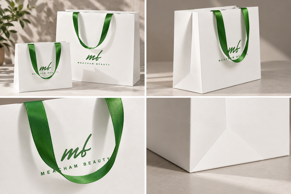 Custom White Paper Shopping Bags with Green Ribbon Handles | MOQ Available for Beauty & Retail Packaging
