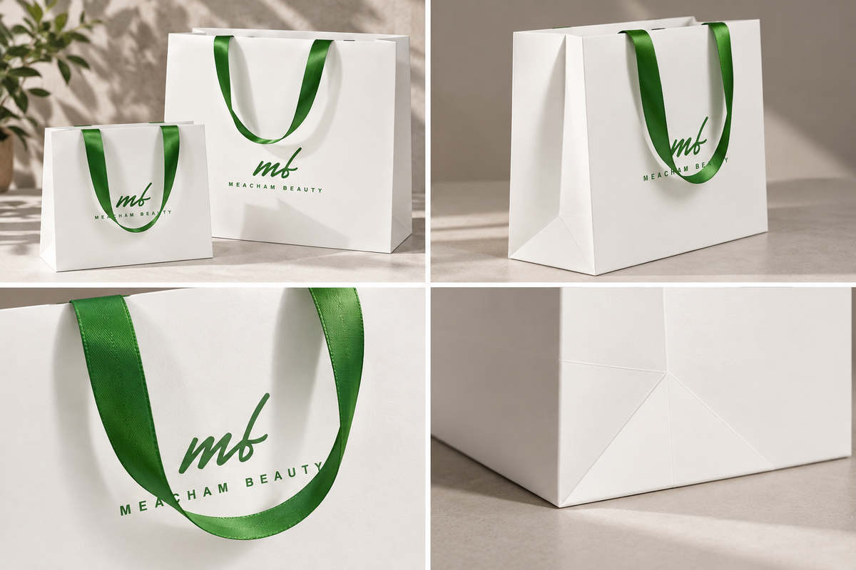 Custom White Paper Shopping Bags with Green Ribbon Handles | MOQ Available for Beauty & Retail Packaging