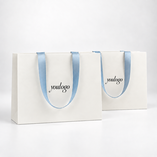 Custom 250gsm White Paper Shopping Bags with Concealed Blue Satin Ribbon Handles