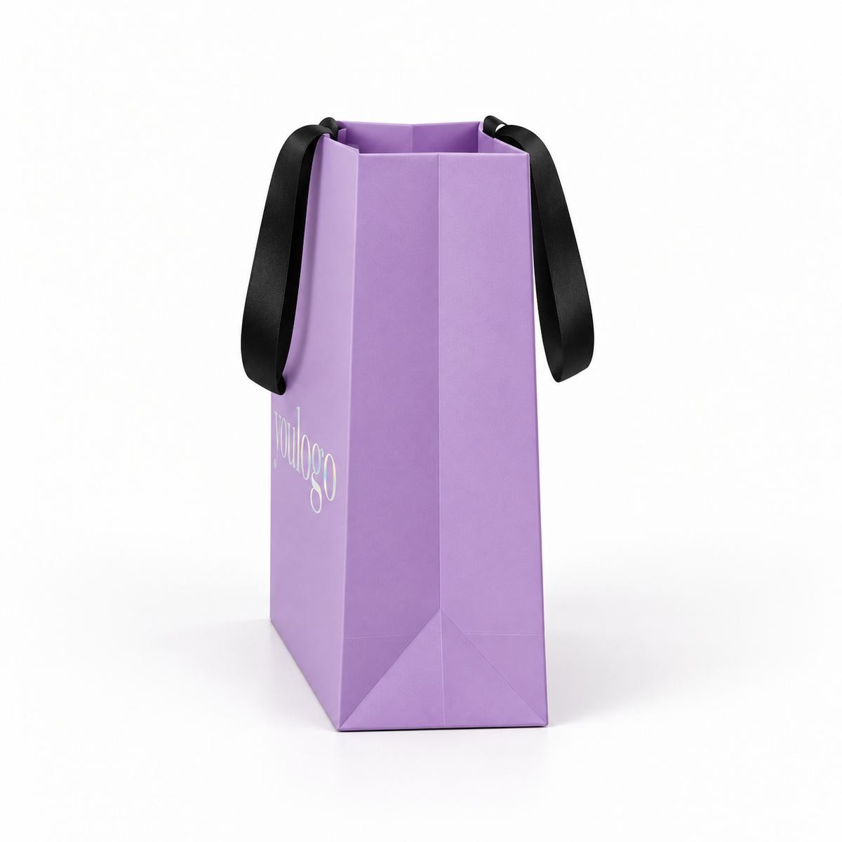Custom Lavender Paper Shopping Bags with Black Satin Ribbon Handles
