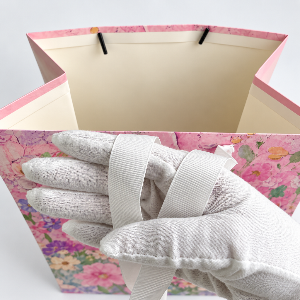 Custom Floral Paper Gift Bags with White Ribbon Handles