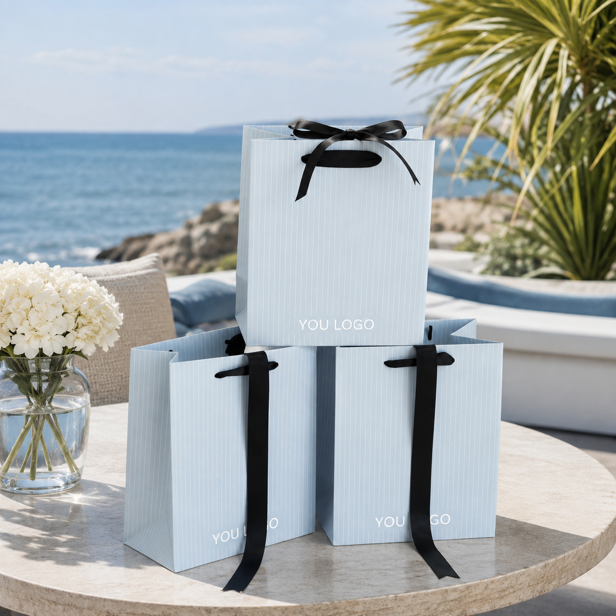 Coastal Blue Stripe Gift Bags with Black Ribbon Handles for Boutique & Resort Packaging