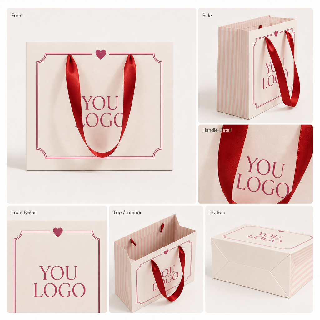 Pink Striped Cosmetic Gift Bag with Red Ribbon | Custom Skincare Packaging