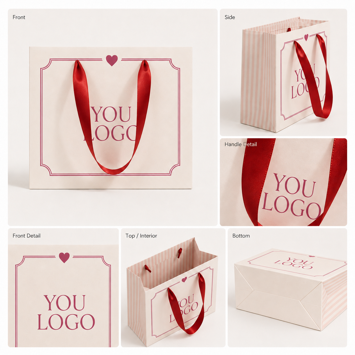 Pink Striped Cosmetic Gift Bag with Red Ribbon | Custom Skincare Packaging