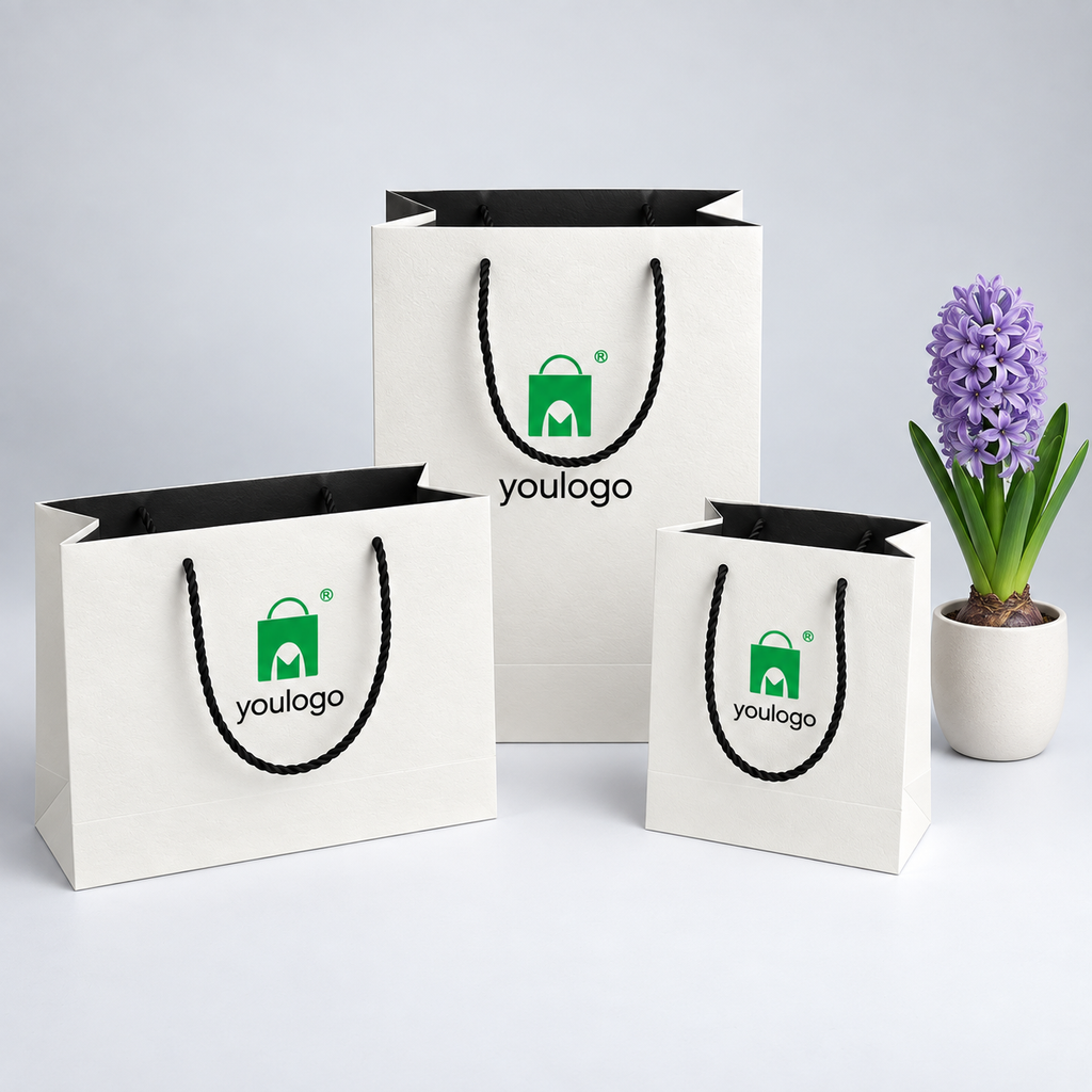 Custom White Specialty Paper Shopping Bags with Black Lining & Rope Handles