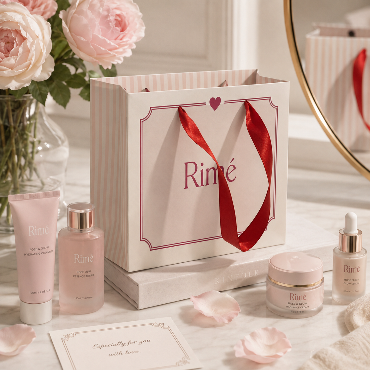 Pink Striped Cosmetic Gift Bag with Red Ribbon | Custom Skincare Packaging