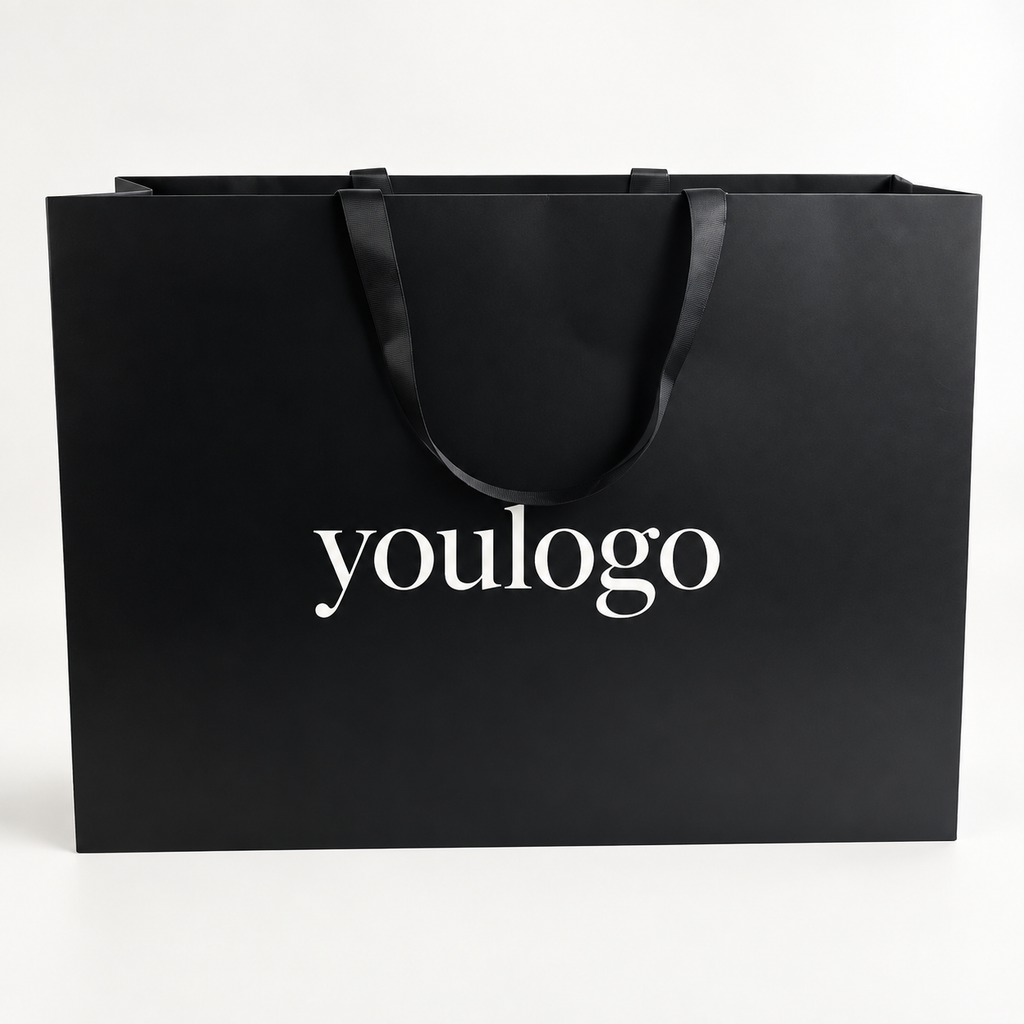 Custom Luxury Black Paper Shopping Bags with Satin Ribbon Handles for Apparel Brands