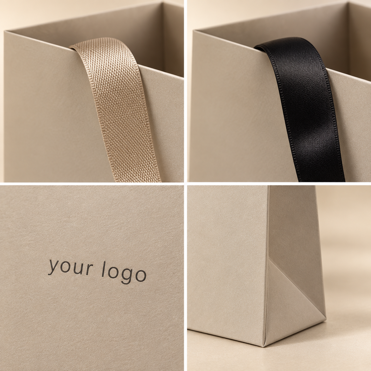 Champagne Gold Custom Luxury Jewelry Paper Bags with Hidden Embedded Satin Ribbon Handles