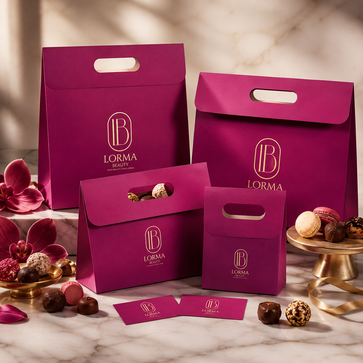 Custom Luxury Paper Gift Bags with Die-Cut Handles for Chocolate & Desserts