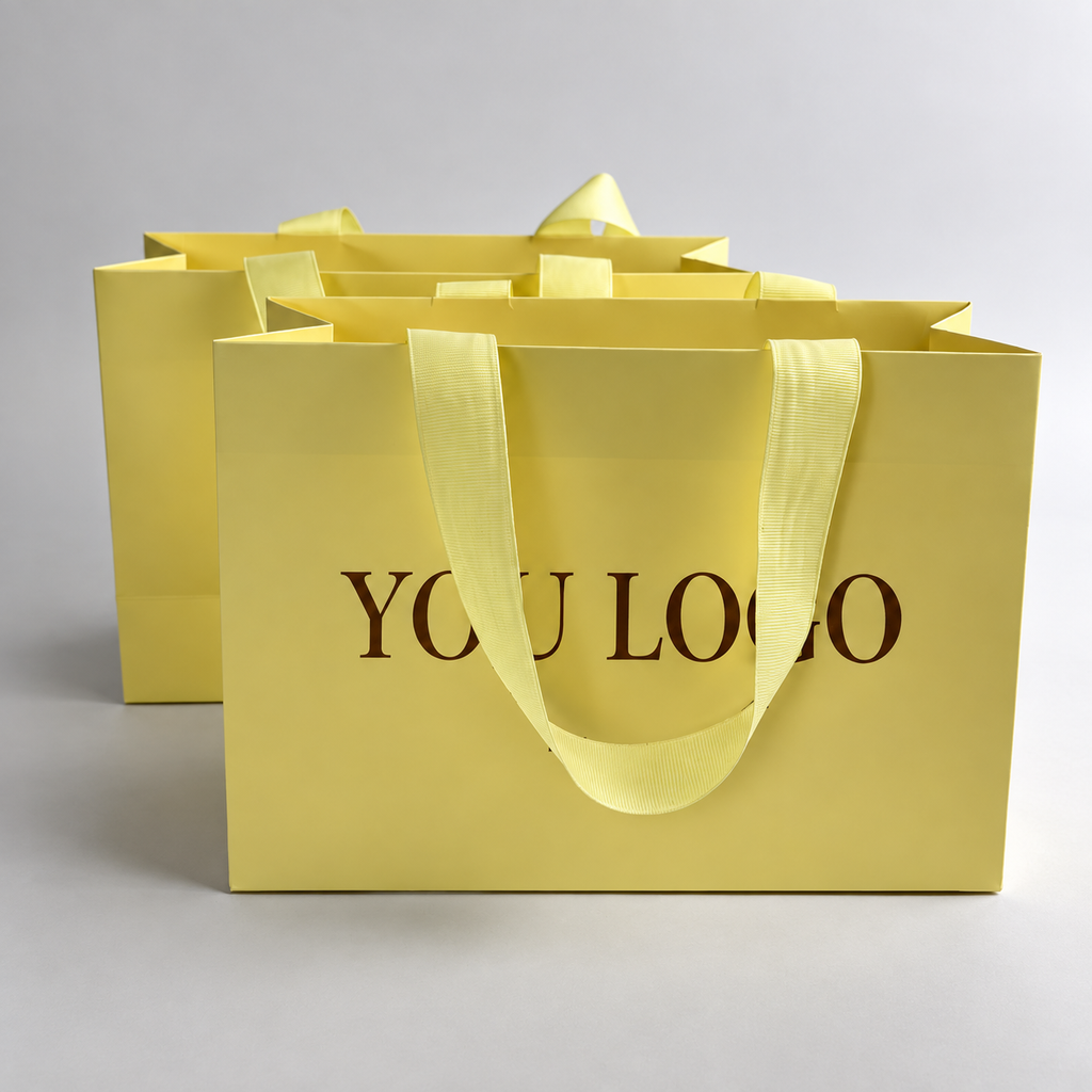 Custom Luxury Yellow Paper Shopping Bags with Ribbon Handles