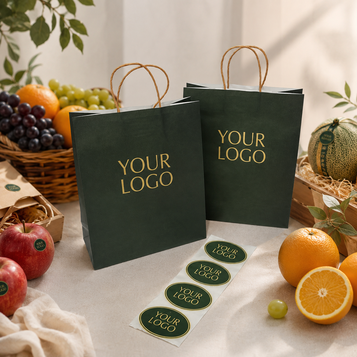 Custom Dark Green Paper Shopping Bags for Grocery & Gourmet Retail