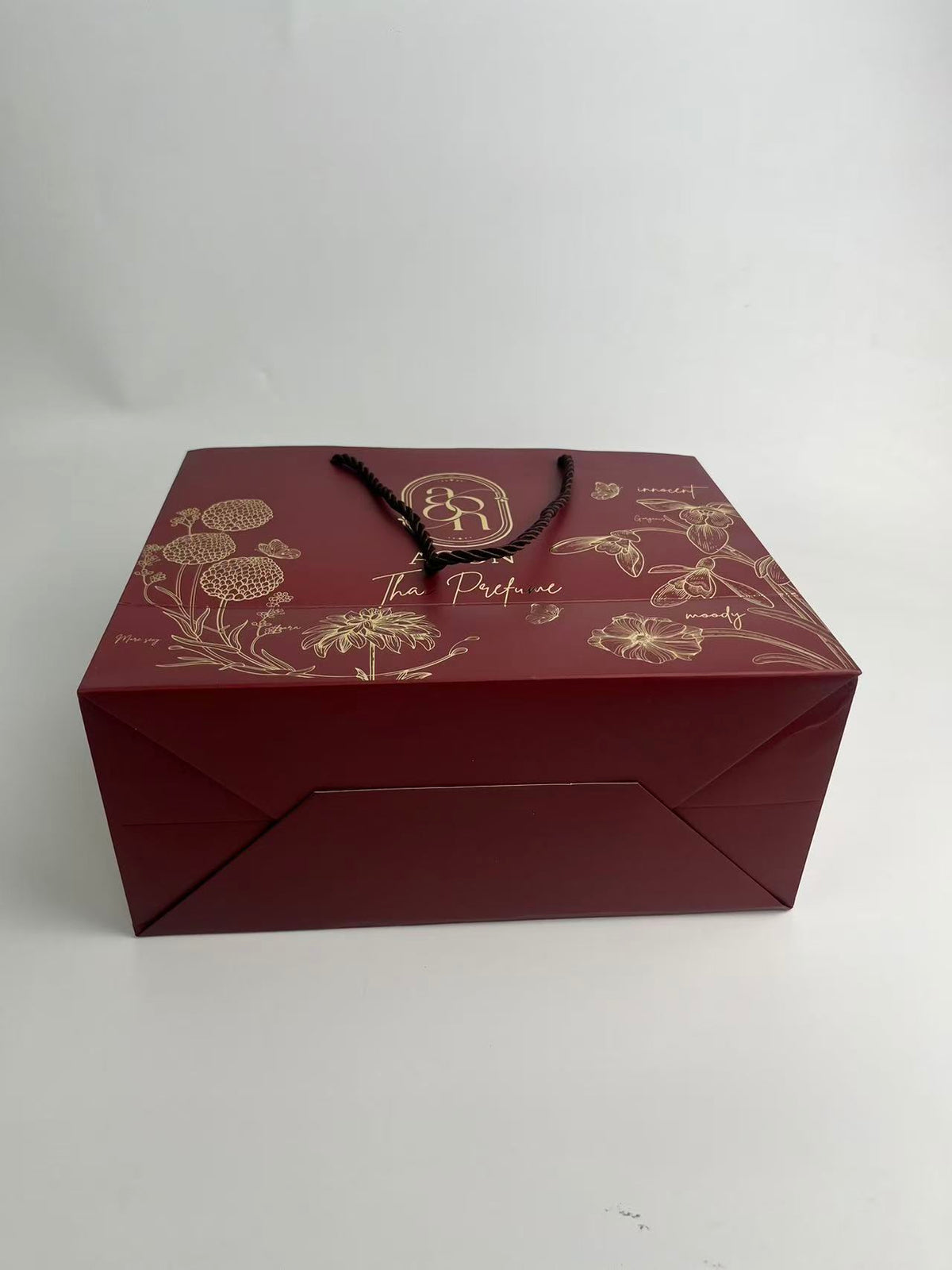 Custom Burgundy Luxury Paper Gift Bags with Rope Handles & Gold Foil Logo