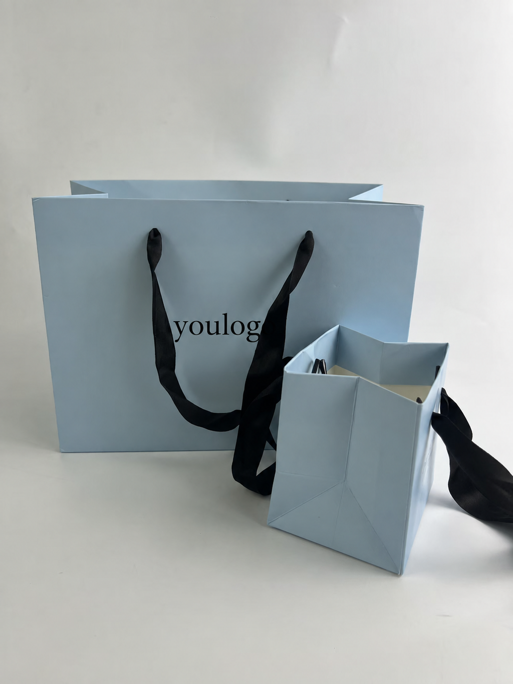 Custom Powder Blue Paper Shopping Bags | Black Satin Ribbon Handles | Jewelry & Luxury Retail