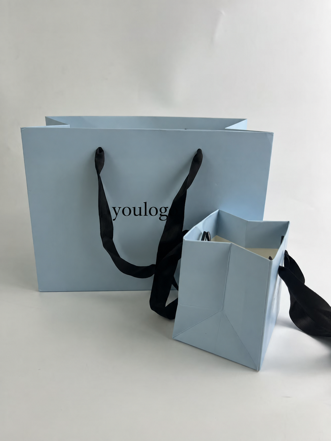 Custom Powder Blue Paper Shopping Bags | Black Satin Ribbon Handles | Jewelry & Luxury Retail