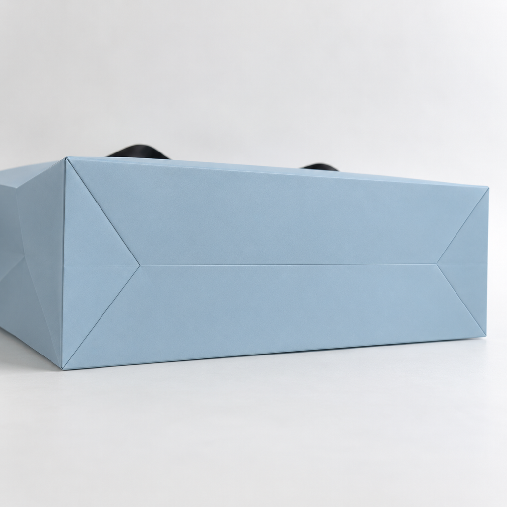 Custom Powder Blue Paper Shopping Bags | Black Satin Ribbon Handles | Jewelry & Luxury Retail