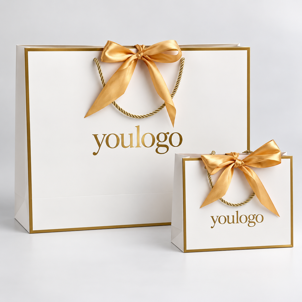 Custom Luxury White Paper Gift Bags with Gold Foil Logo & Satin Ribbon Bow