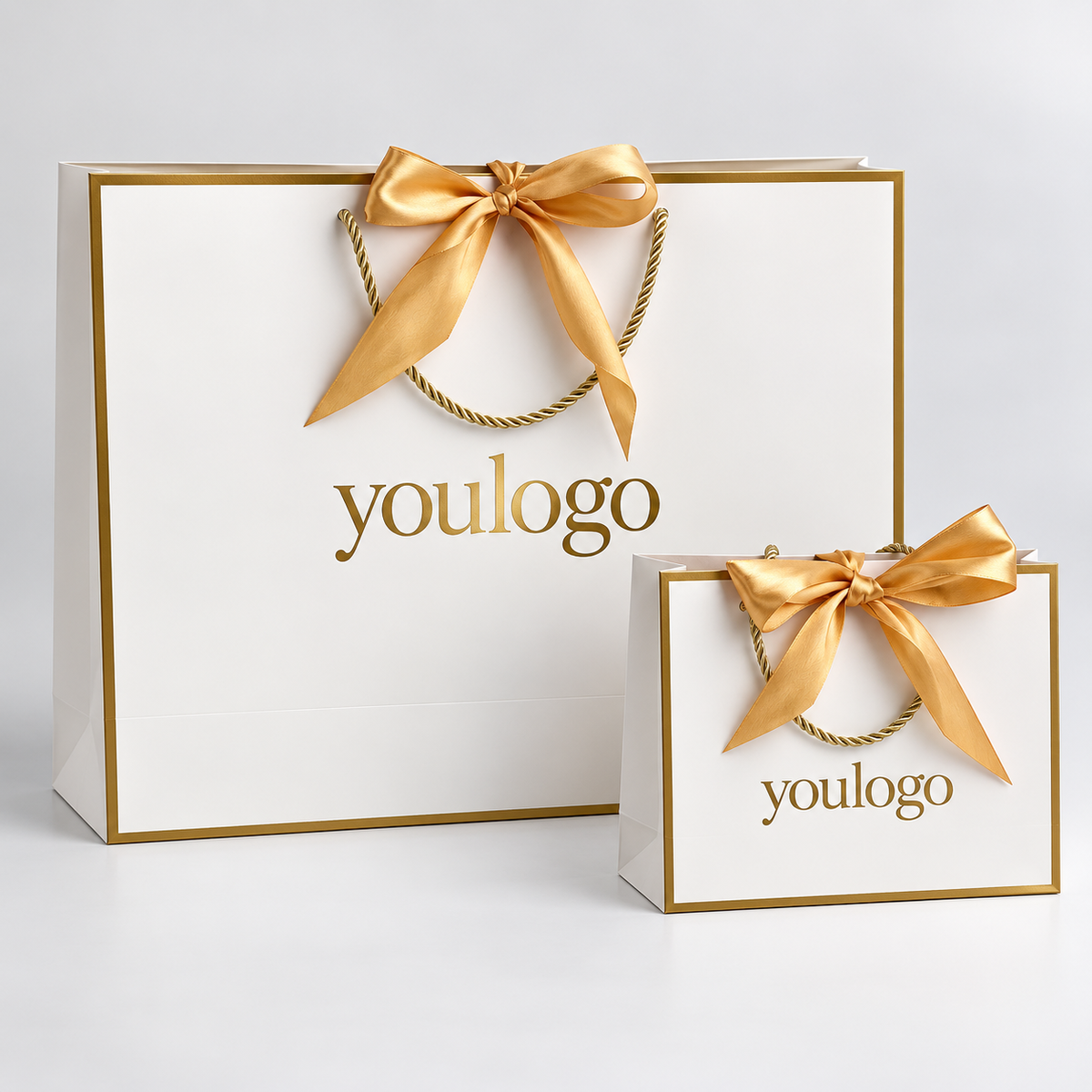Custom Luxury White Paper Gift Bags with Gold Foil Logo & Satin Ribbon Bow