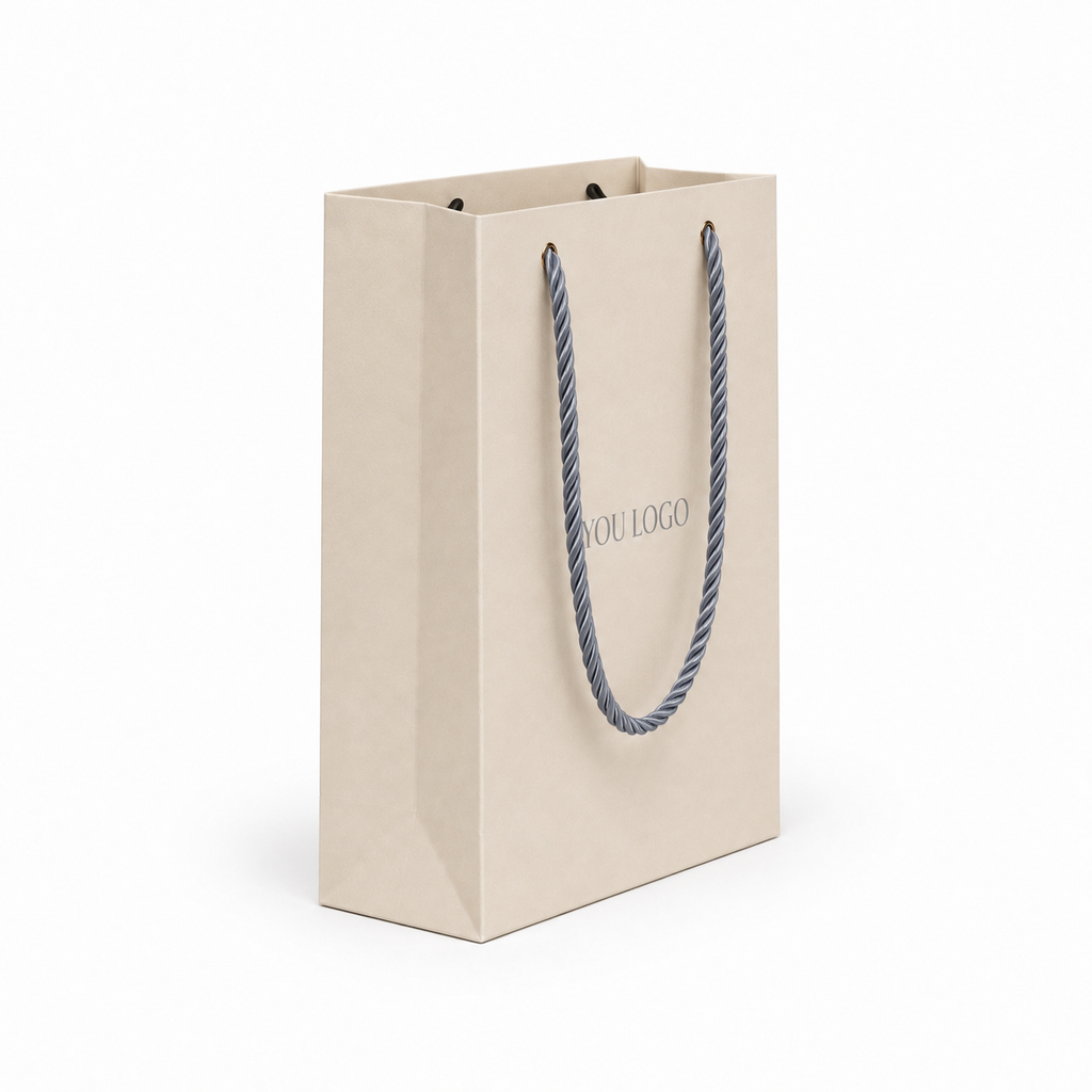 Ivory Textured Jewelry Paper Bags with Rope Handles | Custom Luxury Jewelry Packaging
