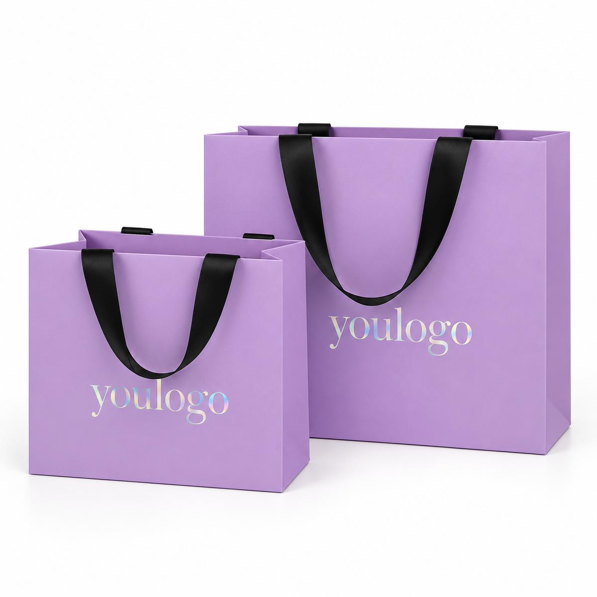 Custom Lavender Paper Shopping Bags with Black Satin Ribbon Handles